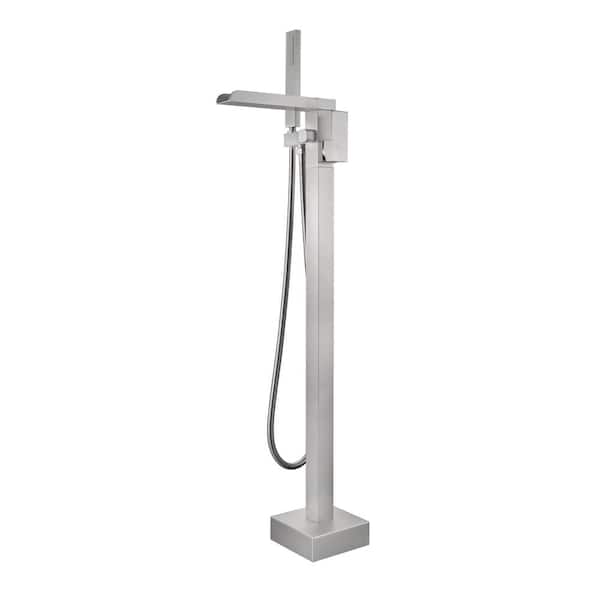 AIMADI Single-Handle Waterfall Freestanding Tub Faucet with Hand Shower 1-Hole Brass Floor Mounted Tub Filler in Brushed Nickel