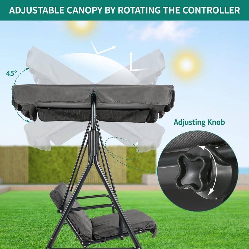 Black Powder Coated Steel 3-Person Outdoor Patio Swing with Adjustable Canopy