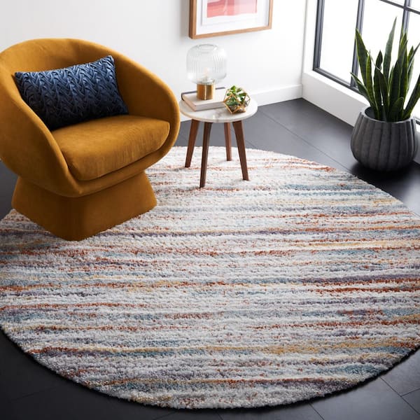Berber Shag 5 ft. x 5 ft. Blue Rust/Ivory Gradient Striped Round Area Rug