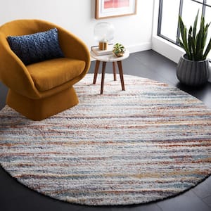 Berber Shag Blue Rust/Ivory 7 ft. x 7 ft. Solid color Striped Round Area Rug