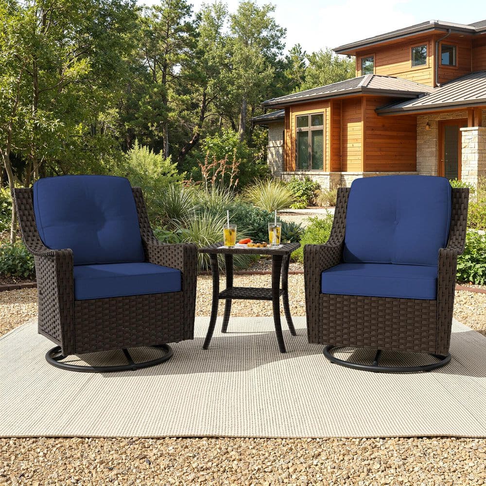 3-Piece Wicker Swivel Outdoor Chat Sets with Blue Cushions and Side Table price history on PriceWatchPro