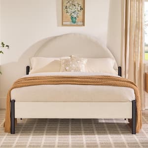 Modern Beige Fabric and Metal Frame Queen Platform Bed with Upholstered Arch Headboard