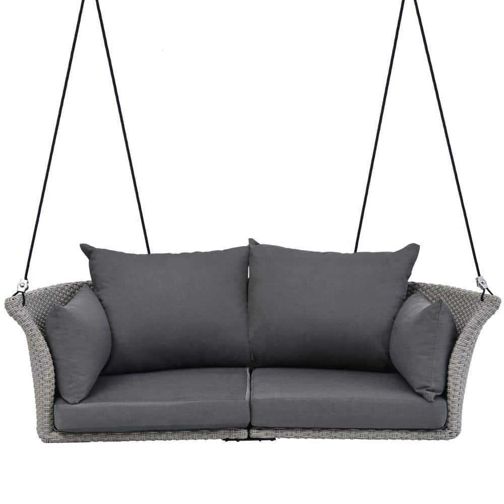 51.9 in. Gray 2-Person Wicker Rattan Woven Hanging Porch Swing Chair