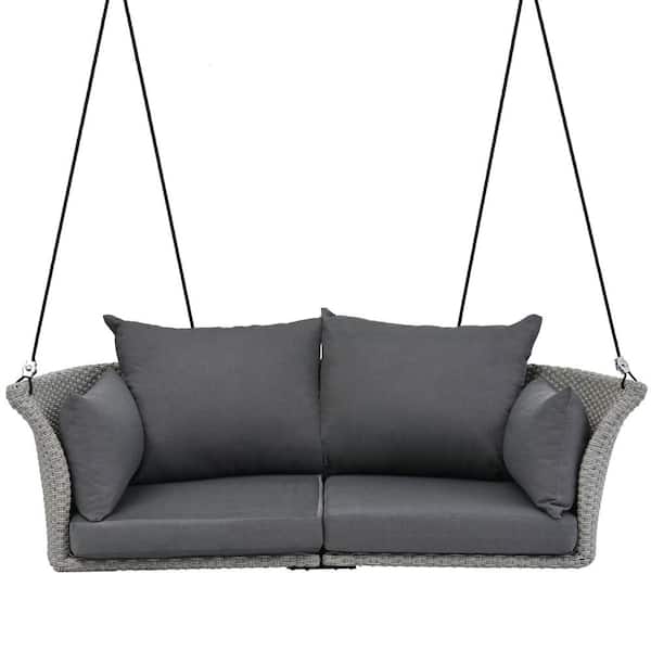 Amucolo 51.9 in. Gray 2-Person Wicker Rattan Woven Hanging Porch Swing Chair