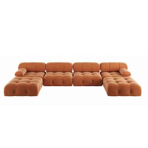 138.61 in. Square Arm 6-Piece U Shaped Velvet Modular Free Combination Sectional Sofa with Ottoman in Orange