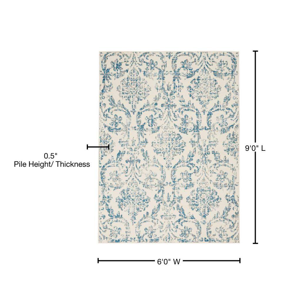 Ivory and Blue Damask Rectangular 6' x 9' Area Rug