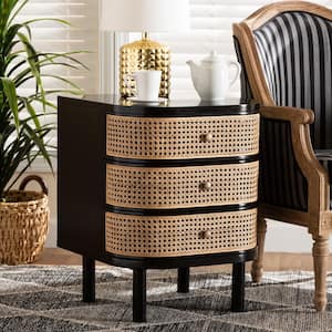Nabila Black and Natural Rattan 3-Drawer Nightstand (19.7 in. W x 25.6 in. H x 20.1 in. D)