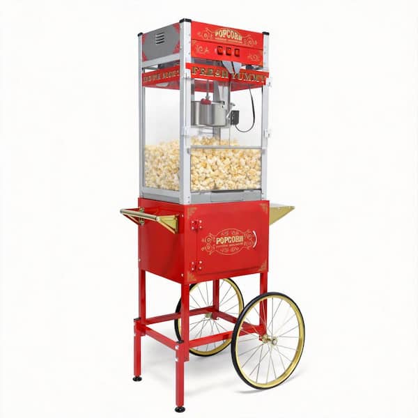 Large Kettle Size 20 oz Capacity Stainless Steel Stovetop Not Cooktop Compatible Popcorn Machine with Cart, Tempered