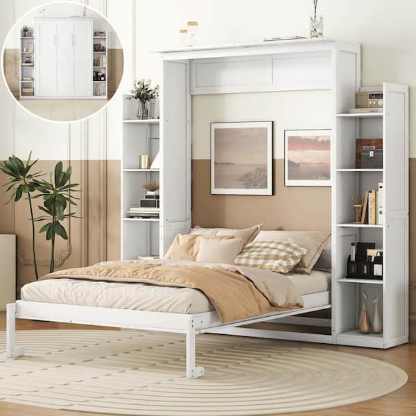 White Wood Frame Full Murphy Bed with Shelves and LED Lights