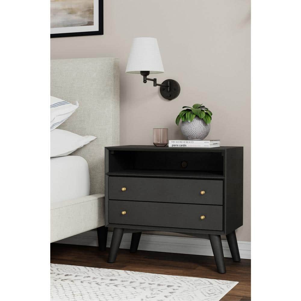 Black Mahogany 2-Drawer Nightstand with Shelf