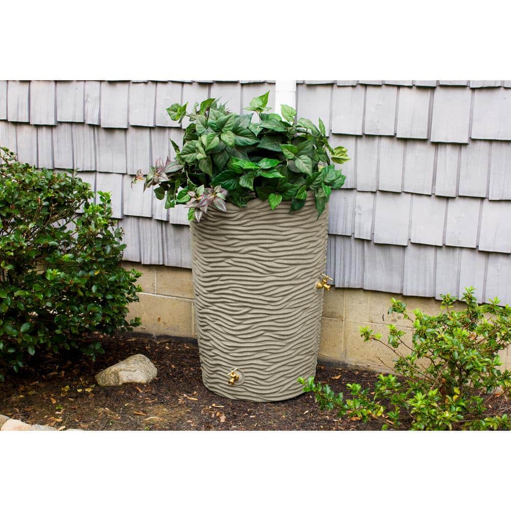 Sandstone 50-Gallon Palm Texture Rain Barrel with Brass Spigots