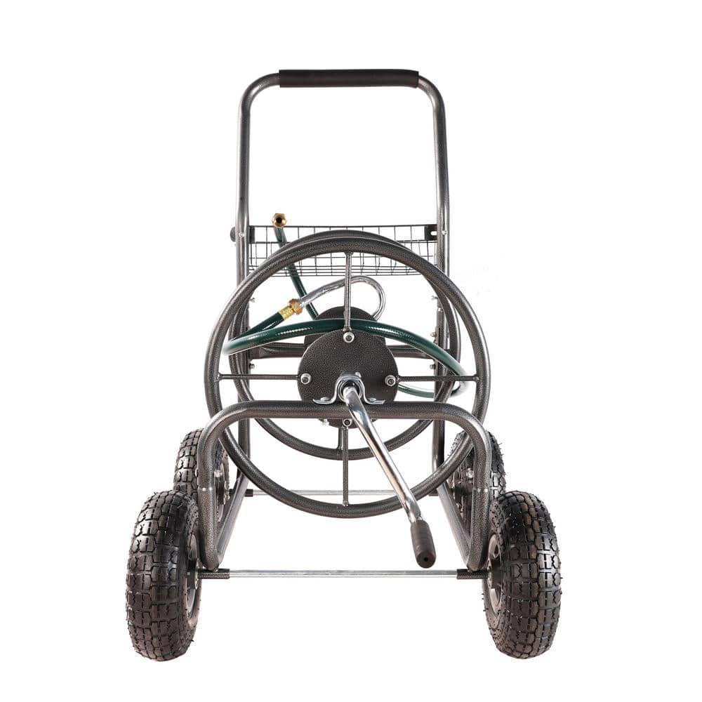 Green Heavy-Duty 4-Wheel Garden Hose Reel Cart with Storage Basket