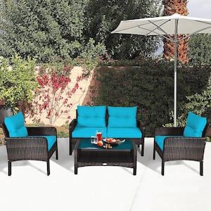 4-Piece Wicker Patio Conversation Set Rattan Loveseat Sofa Coffee Table and Glass Top with Turquoise Cushions