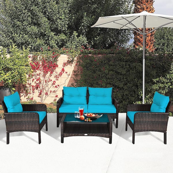 4-Piece Wicker Patio Conversation Set Rattan Loveseat Sofa Coffee Table and Glass Top with Turquoise Cushions