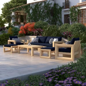 Benson 8-Piece Wood Patio Conversation Set with Sunbrella Navy Blue Cushions