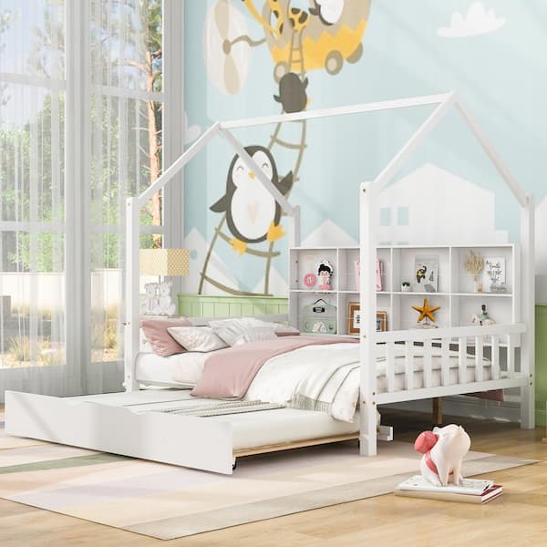 Harper & Bright Designs White Full Size Wooden House Bed with Trundle and Storage Shelf