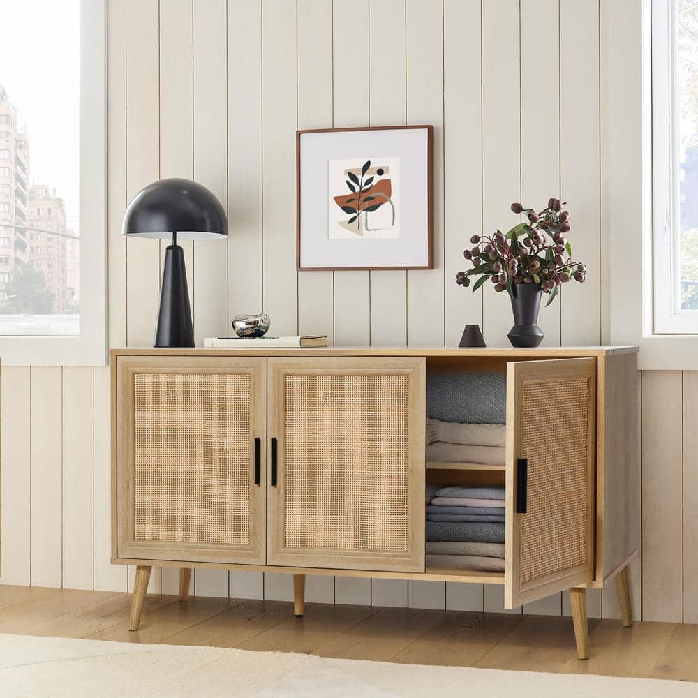 Light Oak 3-Door Rattan and Wood Sideboard Cabinet