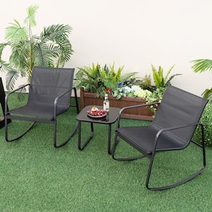 3-Piece Metal Patio Conversation Seating Set with 2 Rocking Bistro Chairs and Glass-Top Table