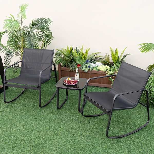 FORCLOVER 3-Piece Metal Patio Conversation Seating Set with 2 Rocking Bistro Chairs and Glass-Top Table