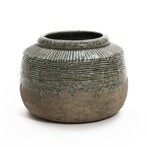 LuxenHome 8.1 in. Rustic Brown and Green Stoneware Indoor and Outdoor Bowl Vase