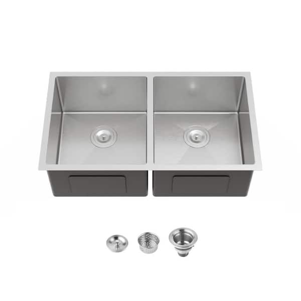 33 in. Undermount Double Bowl 20 Gauge Silver Stainless Steel Kitchen Sink with Drain