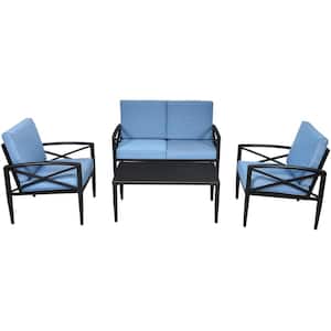 4-Piece Aluminum Patio Conversation Set Coffee Table and Sofa Chair with Blue Cushions