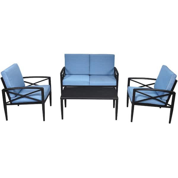 HONEY JOY 4-Piece Aluminum Patio Conversation Set Coffee Table and Sofa Chair with Blue Cushions