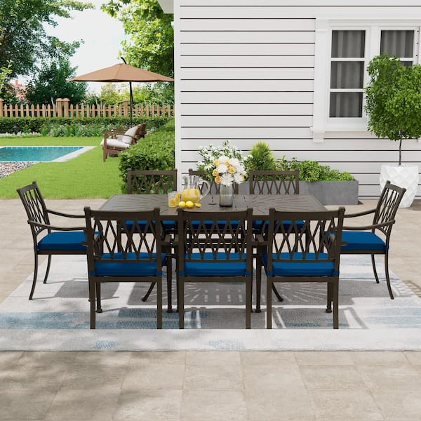 9-Piece Brown Cast Aluminum Outdoor Dining Set with Rectangular Table, Dining Chairs with Navy Blue Cushions