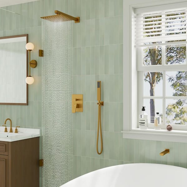 3-Spray Patterns Square 10 in. Wall Mount Dual Shower Heads 2.5 GPM with Tub Faucet in Brushed Gold
