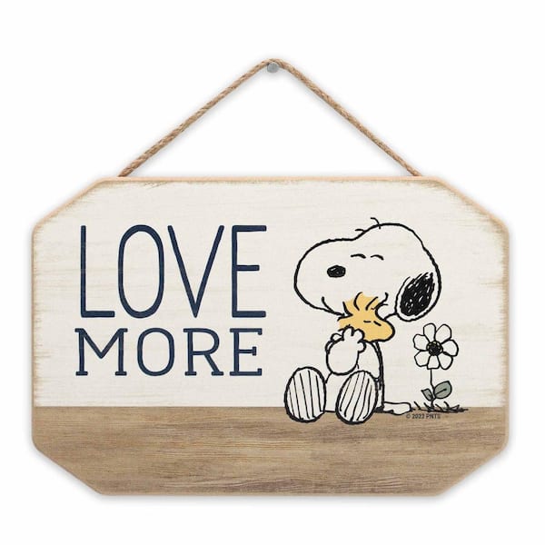 Peanuts 6 in. White Snoopy Hugging Woodstock Love More Colorblocked Hanging Wood Wall Decor