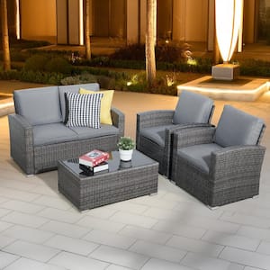 Joivi 4-Piece Grey Wicker Outdoor Conversation Set with Light Grey Cushions