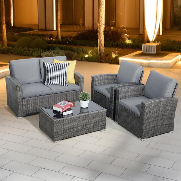 Freestyle 4-Piece Grey Wicker Outdoor Conversation Set with Coffee Table, Light Grey Cushions