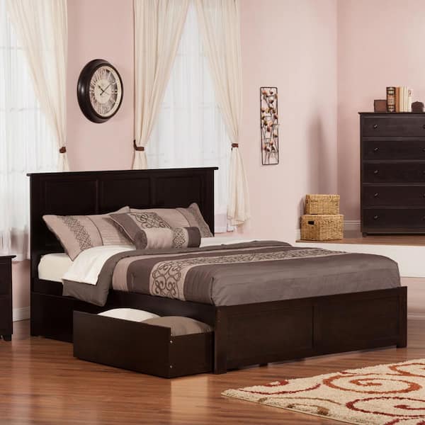 AFI Madison Espresso Queen Solid Wood Storage Platform Bed with Flat Panel Foot Board and 2 Bed Drawers