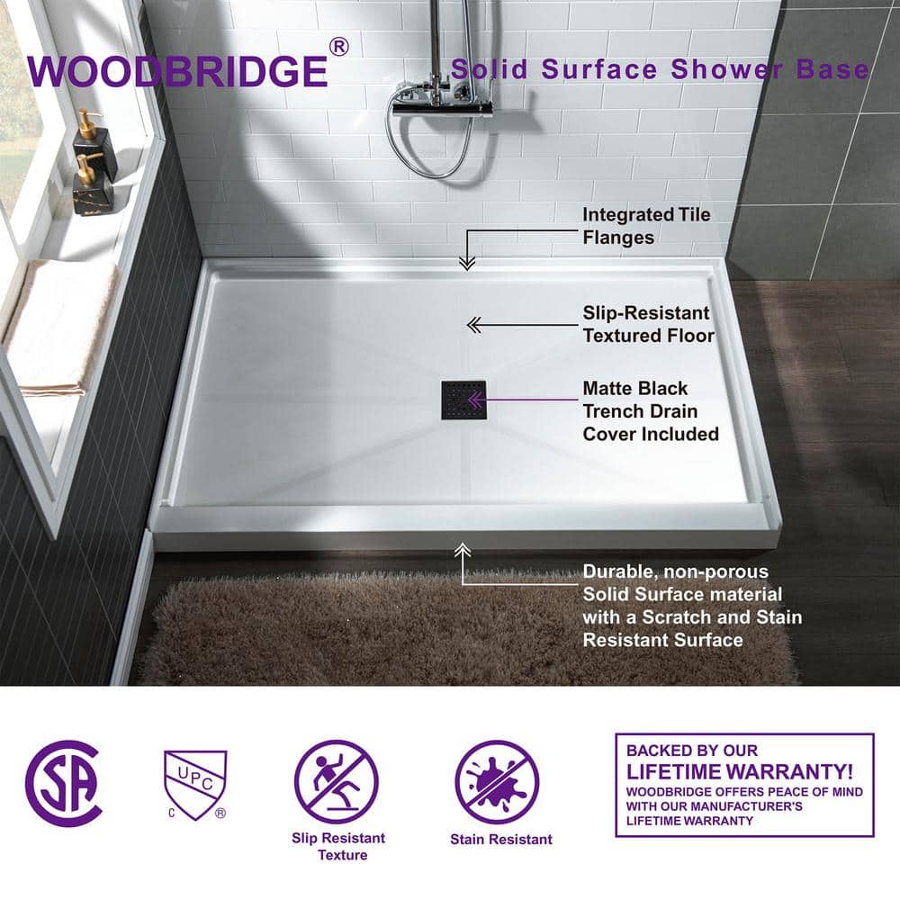48" White Solid Surface Rectangular Shower Pan with Matte Black Drain Cover