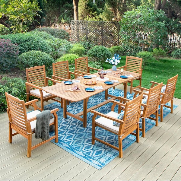 9-Piece Brown Acacia Wood Patio Outdoor Dining Set with Extendable Table and Wooden Chairs with Beige Cushions