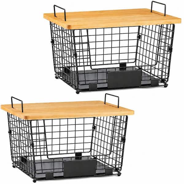 Black Stackable Wire Basket with Bamboo Top 2-Piece Set for Pantry, Countertop and Under-Sink Organizing