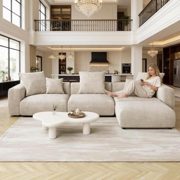Magic Home Modern 142 in. Square Arm Corduroy Modular Oversized Floor Sofa Grand Couch with Ottoman and Removable Covers in Beige MH-126BE-S-L3+1