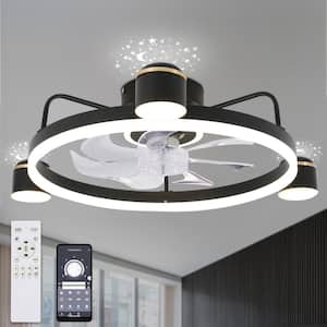 28 in. LED Indoor Starry Night Smart App Control Low Profile Black Ceiling Fan with Dimmable Light Flush Mount Lighting