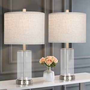 21.5 in. Clear Glass Nickel Table Lamp Set with Bulbs and USB Ports and Type-c Ports Touch Control (Set of 2)