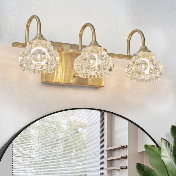 17 in. 3 Light Golden Vanity Light Fixture Bathroom Over Mirror Wall Lights with Crystal Glass Shade