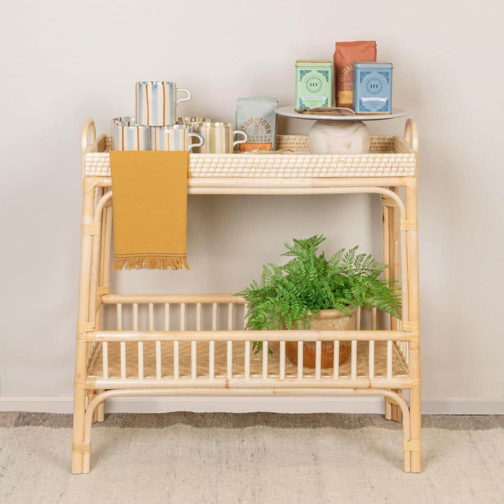 Natural Rattan and Bamboo Console Table with Storage Shelves