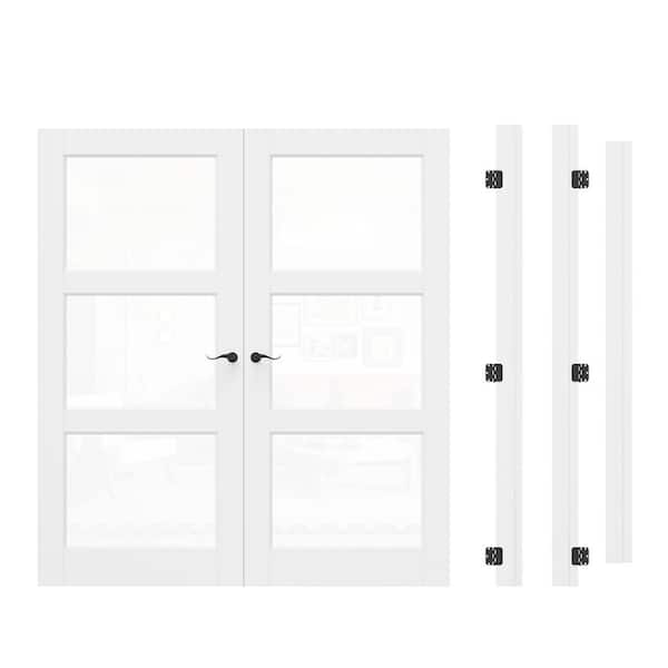 72 in. x 80 in. 3-Lite Clear Glass Universal White Solid Core Glass Double Prehung French Door+ Quick Assemble Jamb