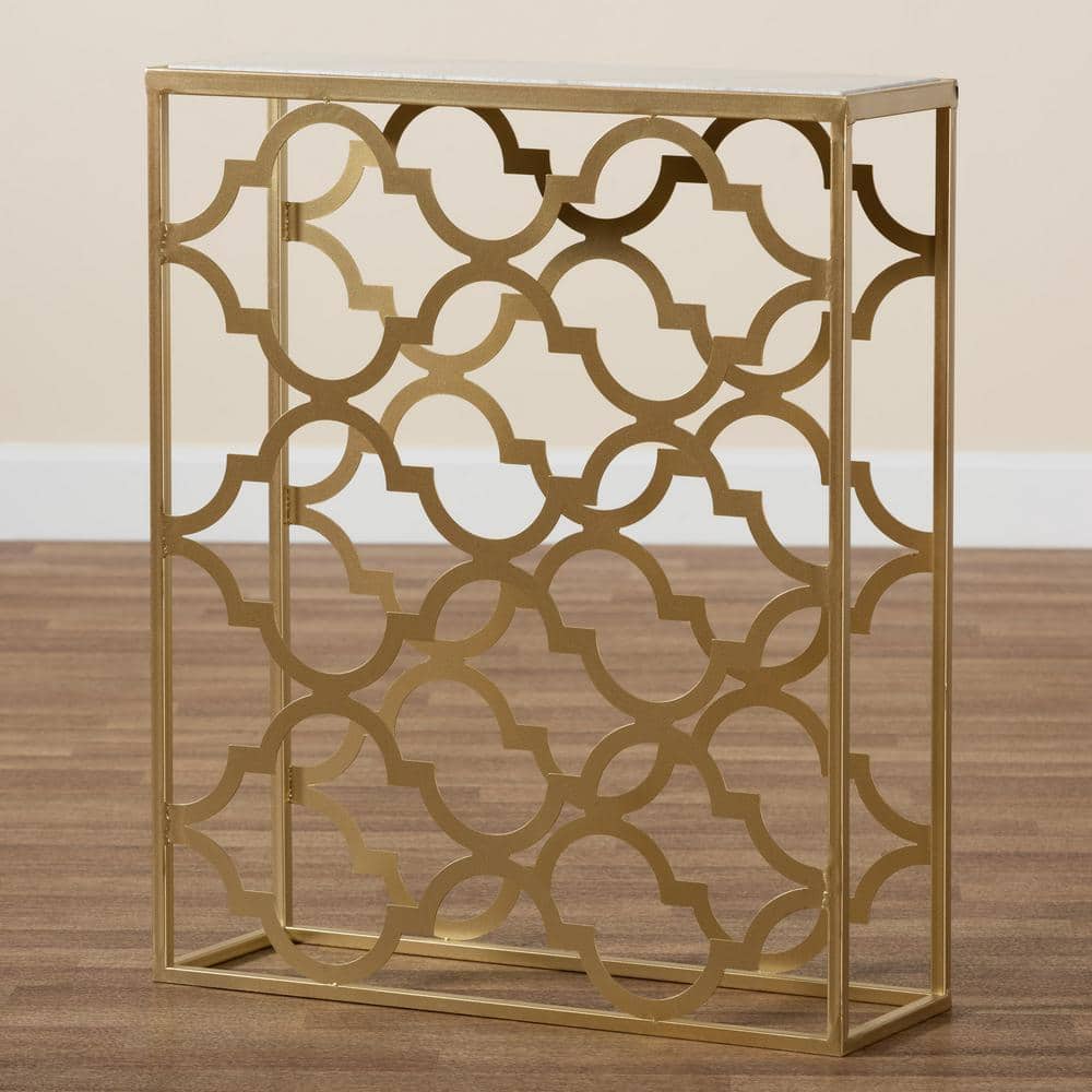 Gold Metal Console Table with Marble Top and Storage