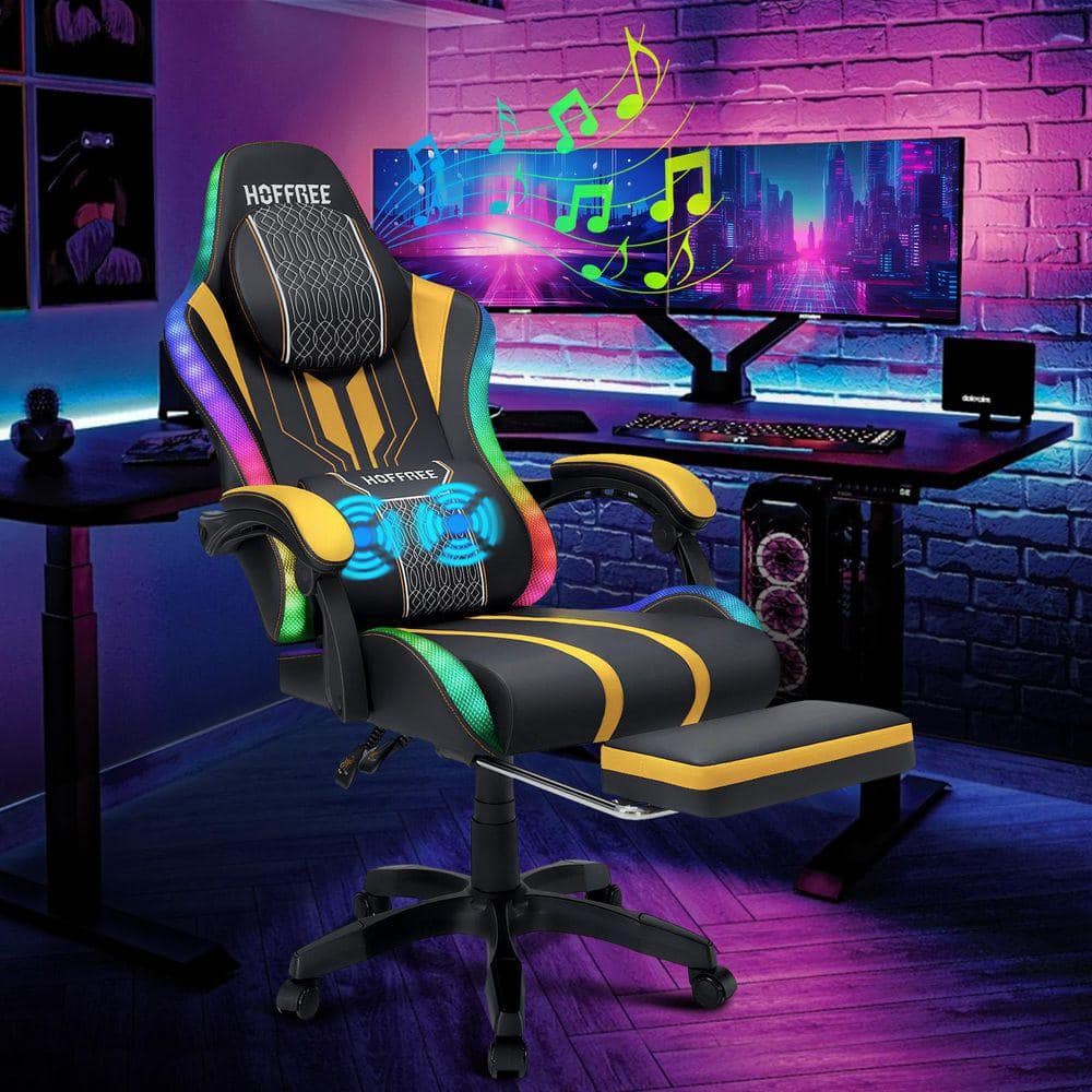 Faux Leather Massage Ergonomic Gaming Chair Big and Tall Game Chair in Yellow with Bluetooth Speakers LED Light Footrest