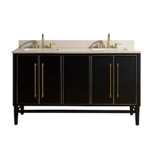 Mason 61 in. W x 22 in. D Bath Vanity in Black with Gold Trim with Marble Vanity Top in Crema Marfil with White Basins