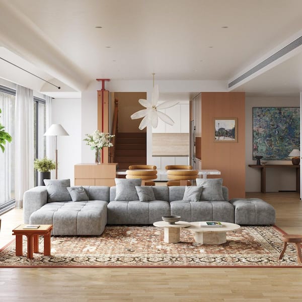 J&E Home 158.64 in. Square Arm 5-Piece Linen Deep Seat L-Shaped Modular Free Combination Sectional Sofa with Chaise in. Gray