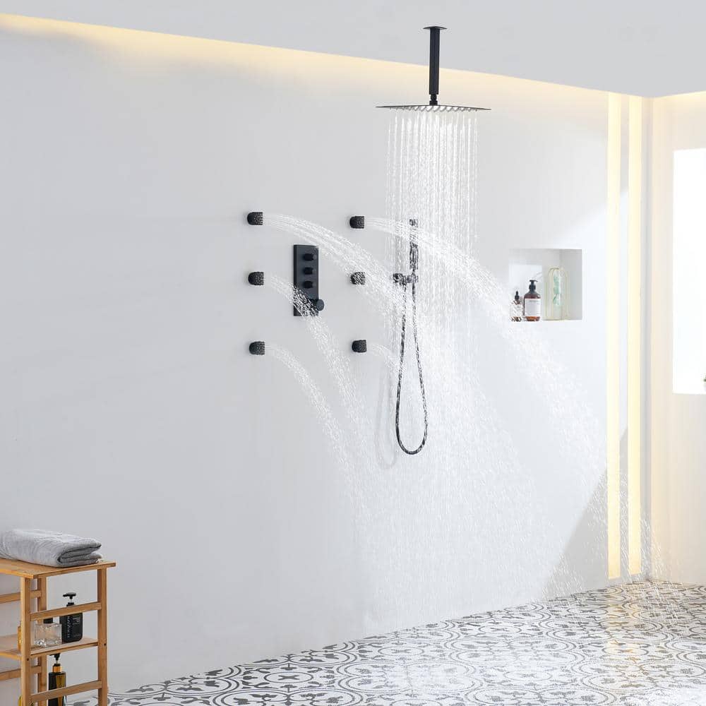 Matte Black Large Square Ceiling Mounted Dual Shower System