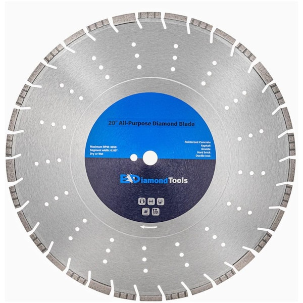 20 in. Concrete, Segmented Rim, All Purpose Diamond Saw Blades, 7-5/8 in. Cutting Depth, Wet or Dry, 1 in. Arbor
