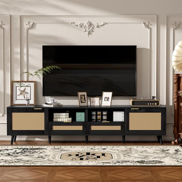 Black TV Stand Entertainment Center Fits TV's up to 85 in. with Solid Wood Legs