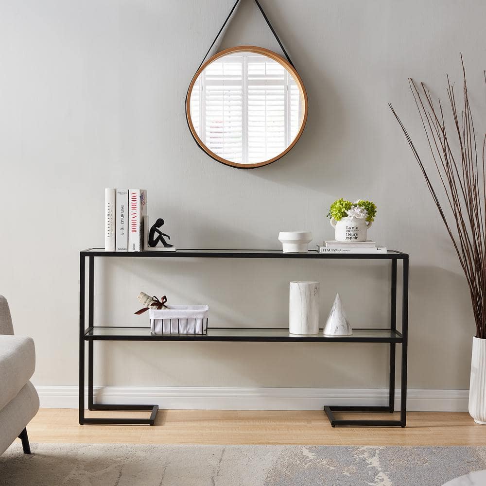 Blackened Bronze 55" Rectangular Console Table with Glass Shelf